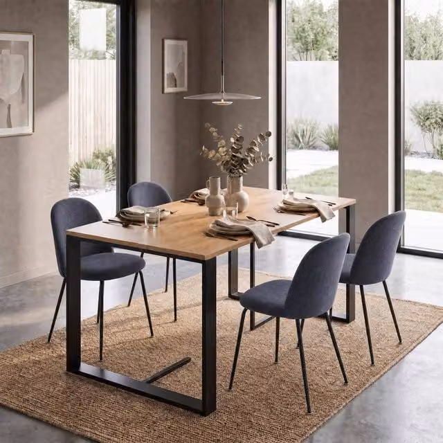 FWStyle Willow Oak Dining Table and 4 Blue Dining Chairs Set