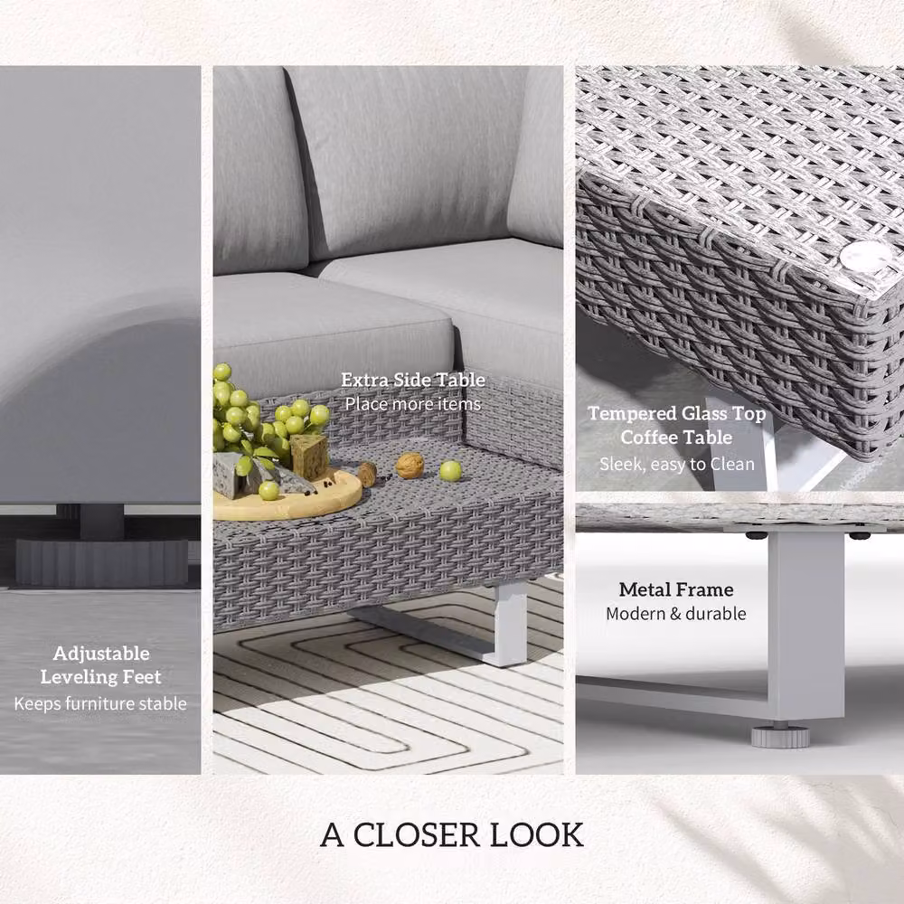 OUTSUNNY 3-Piece L-Shape Rattan Wicker Garden Sofa Set with Coffee Table and Cushions in Grey – 5