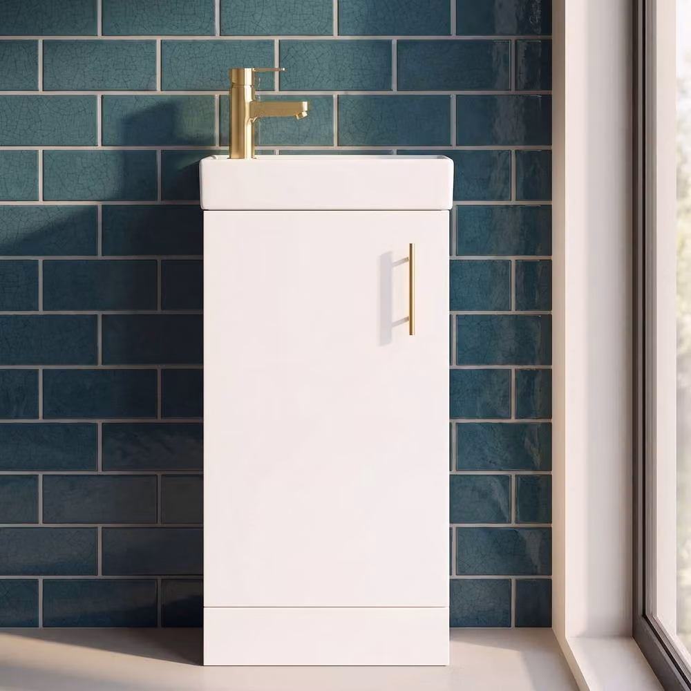 Balterley Wall Mounted Gloss White Ceramic Vanity Basin with Gold Handle, W: 40 cm – 5
