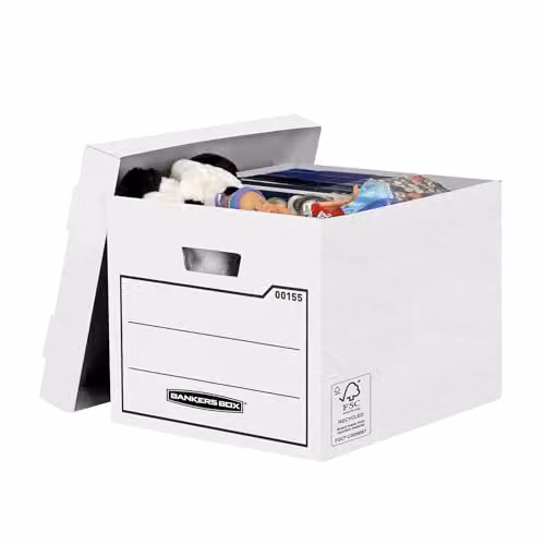 Bankers Box Pack of 10 White Heavy Duty Cardboard Storage Boxes with Lids and Handles, W: 32.5 cm, H: 28.5 cm, D: 39 cm – 1