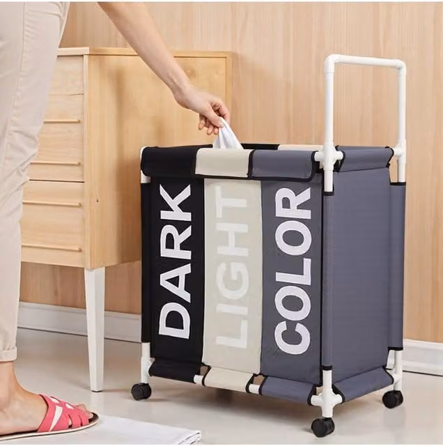 Garden Sanctuary 110L 3-Section Fabric Laundry Basket with Lid and Wheels in Black