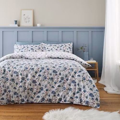 Bianca Ophelia Floral Reversible Brushed Cotton Single Duvet Cover and Pillowcase Set in Blue, White and Multicolour, Duvet Cover W/H: 135 x 200 cm, Pillowcase W/H: 50 x 75 cm – 1