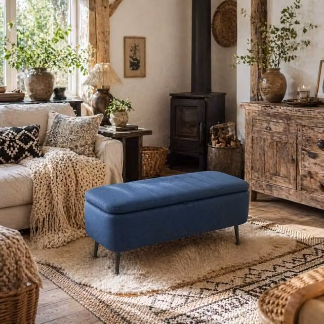 Wyld Haus Sudina Rectangle Storage Ottoman in Dark Blue Linen Look Fabric with Metal Frame