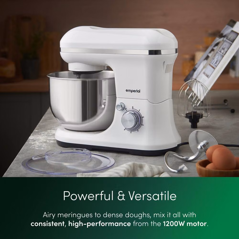 Emperial 5L Stand Mixer in White with 6 Speeds, Dough Hook, Whisk and Beater – 3