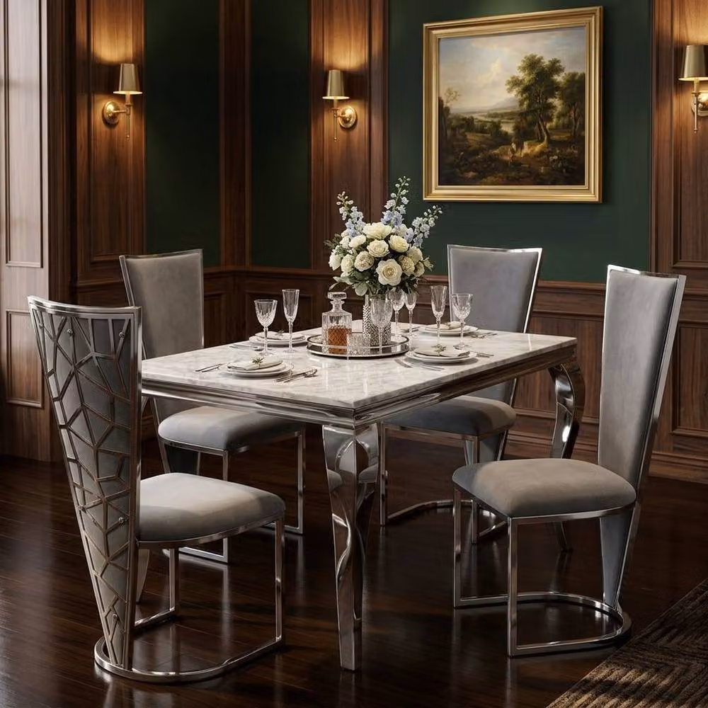 Home Luxe Interior Marble Dining Table and 4 Vienna Silver Grey Velvet Chairs Set, W: 120 cm – 3