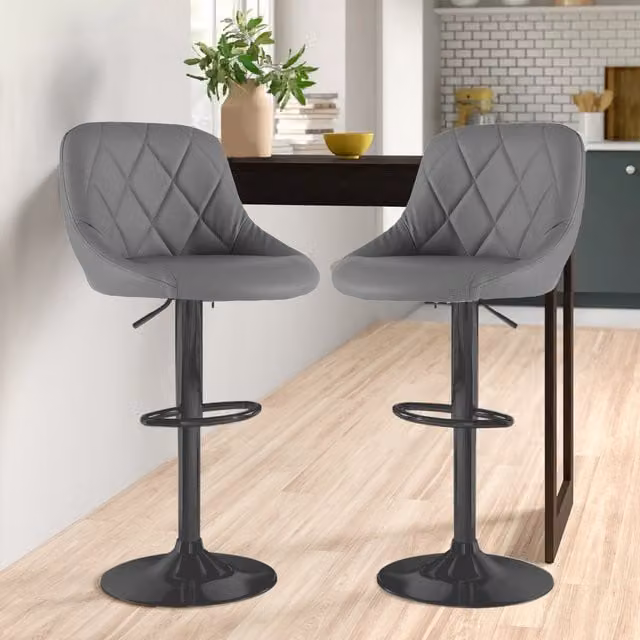 Neo Set of 2 Madrid Swivel Barstools in Grey and Black Synthetic Leather with Matt Metal Geometric Base