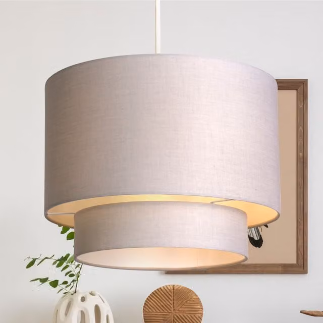 Lighting Collection Modern 2 Tier TC Drum Fabric Lamp Shade in Grey and Off-White, Diameter: 30 cm