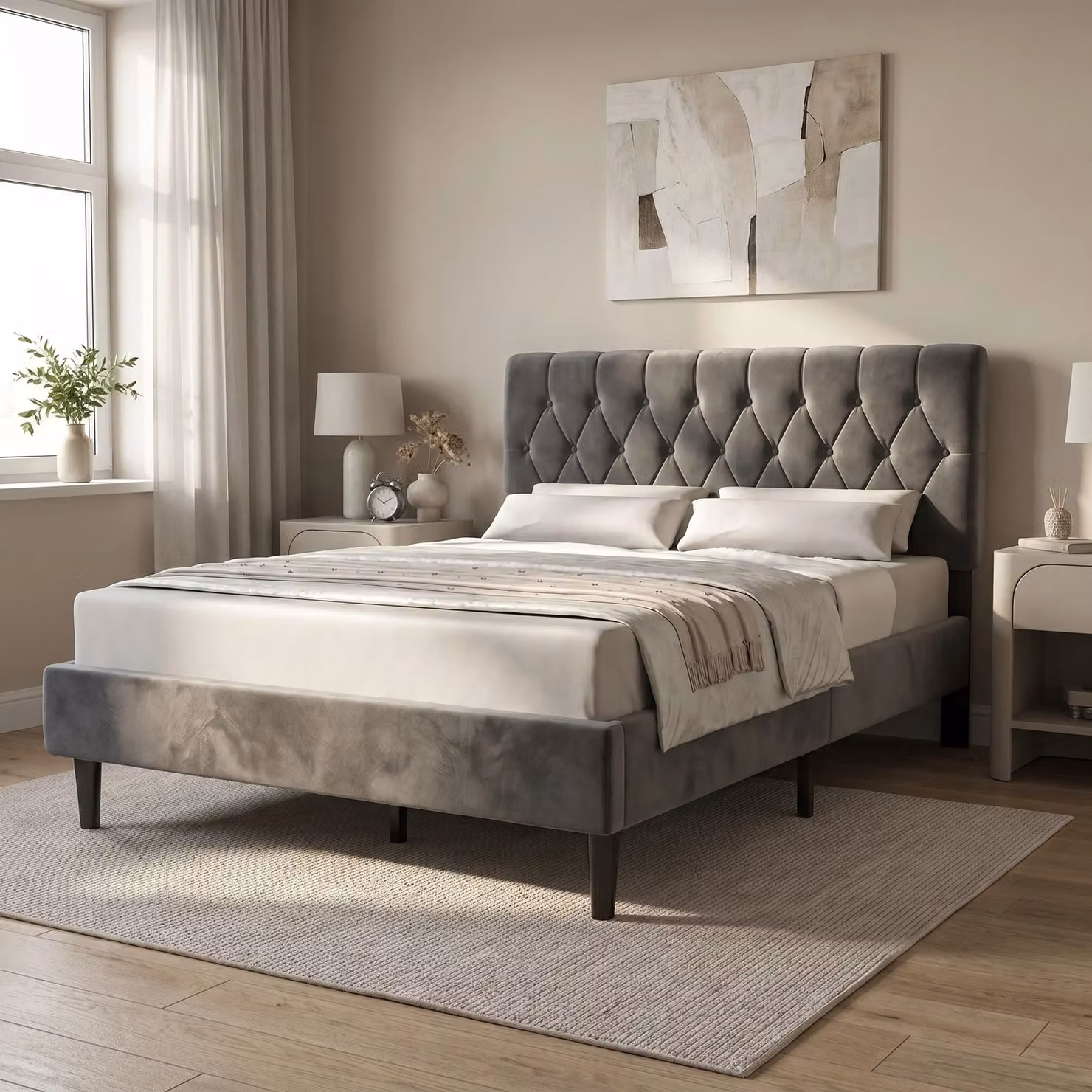 DHS Chesterfield Velvet Bed Frame with Adjustable Headboard in Grey or Beige
