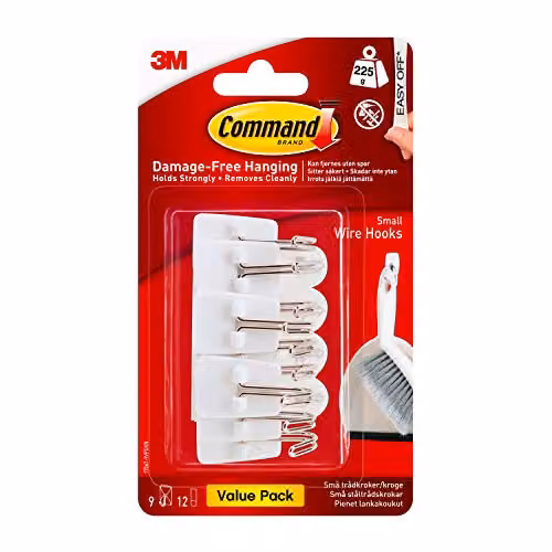 3M Command Small Wire Hooks in White, Value Pack of 9 Hooks and 12 Adhesive Strips