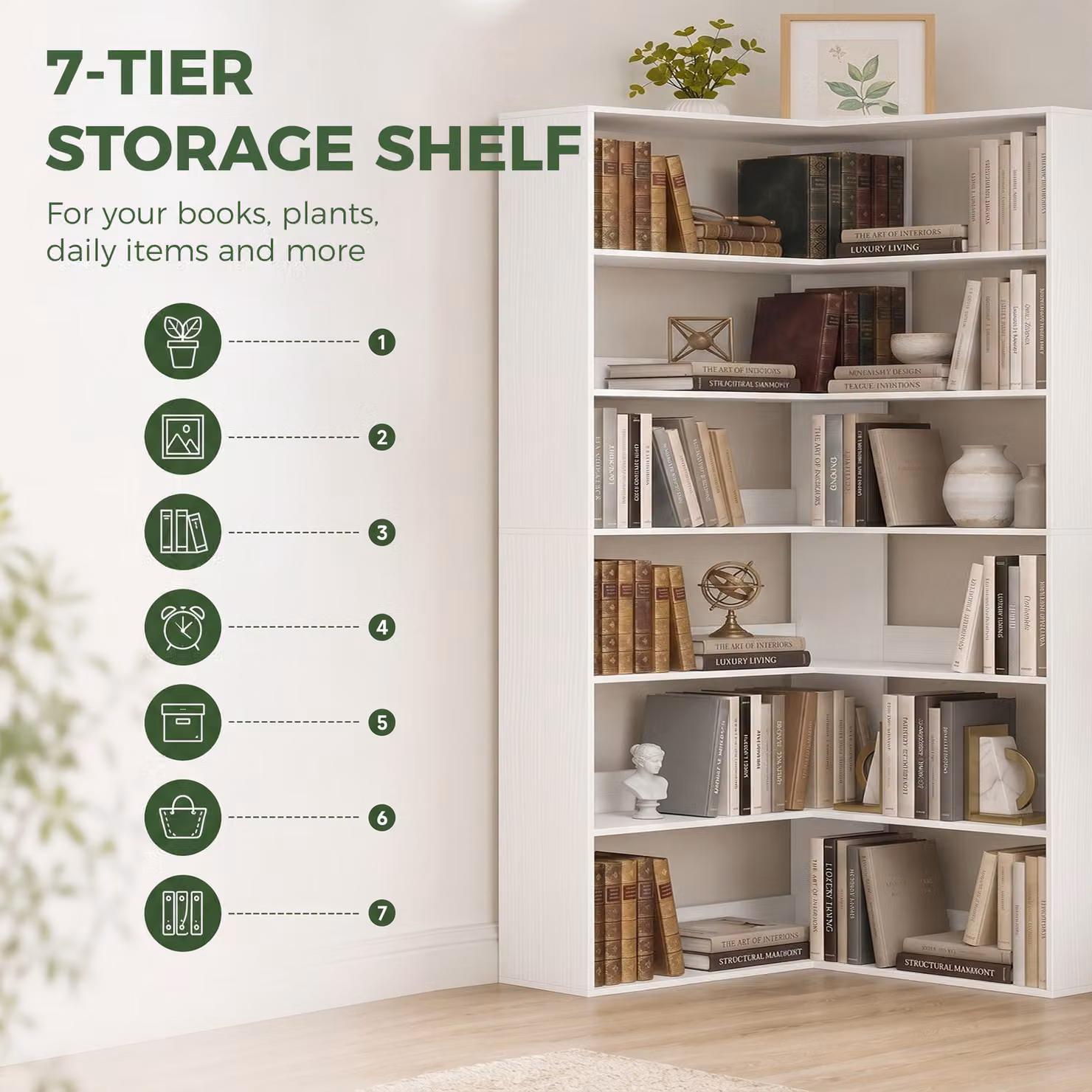 HOMCOM 7-Tier L-Shaped Corner Bookshelf in White Wood Effect, H: 180 cm x W: 90 cm x D: 39.5 cm – 3