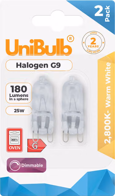 UniBulb G9 Halogen Capsule Bulb, 25W, 180lm, 2800K Warm White, Transparent