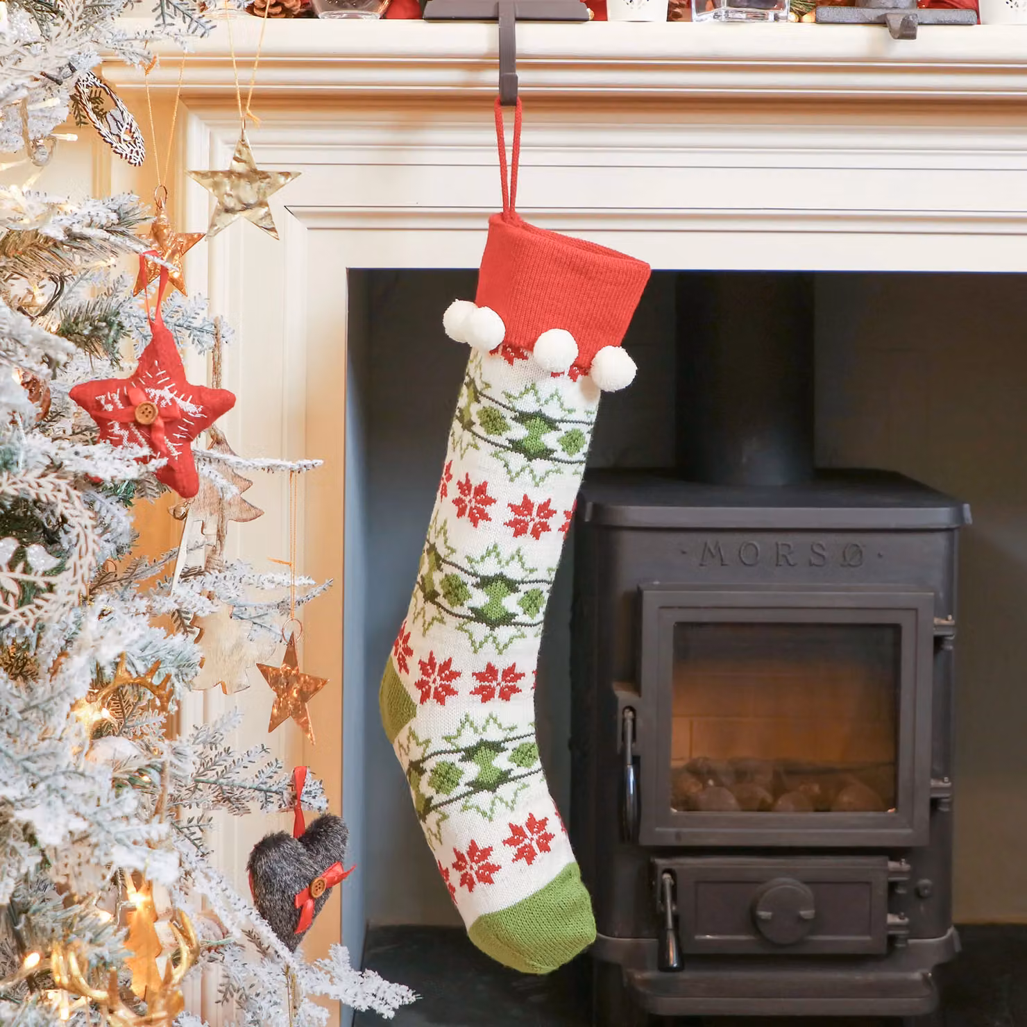 Dibor Set of 2 Knitted White Fair Isle Pompom Christmas Stockings – 2