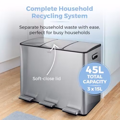 Tower 45L Silver Stainless Steel Recycling Pedal Bin with Removable Inner Buckets and Fingerprint Proof Finish – 2