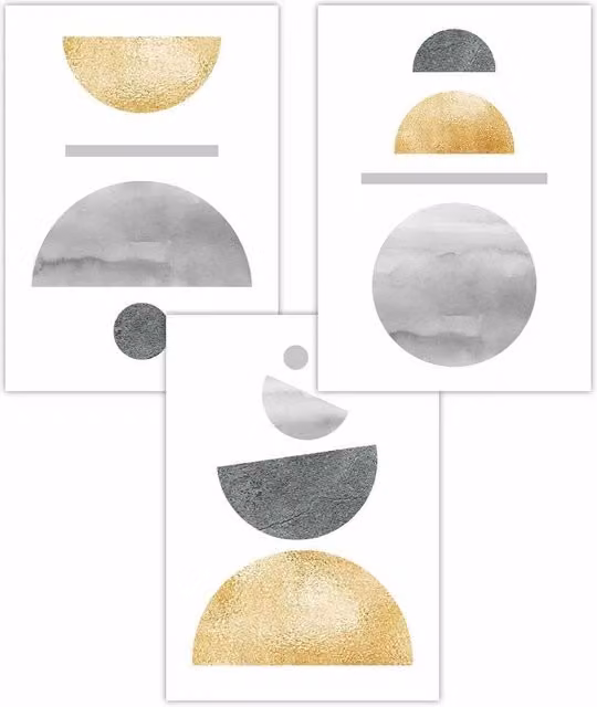 ARTZE Set of 3 Abstract Mid Century Geometric Paper Posters in Yellow and Grey, W: 42 cm, H: 59 cm