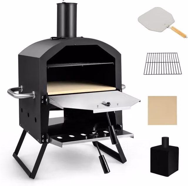 Costway Outdoor 2-Layer Wood Fired Pizza Oven with Pizza Stone, Black, W/D/H: 72 x 44 x 44 cm – 1