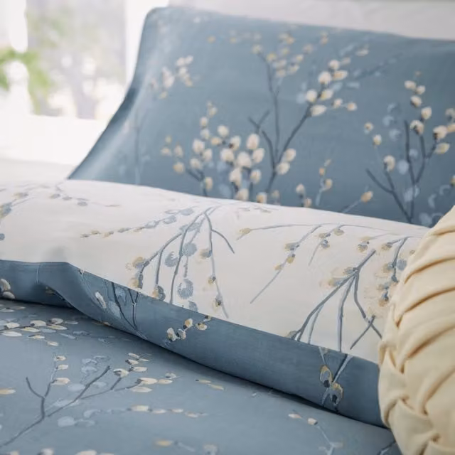 Laura Ashley Pussy Willow Floral Cotton Mako Satin Housewife Pillowcase in Dark Seaspray Blue