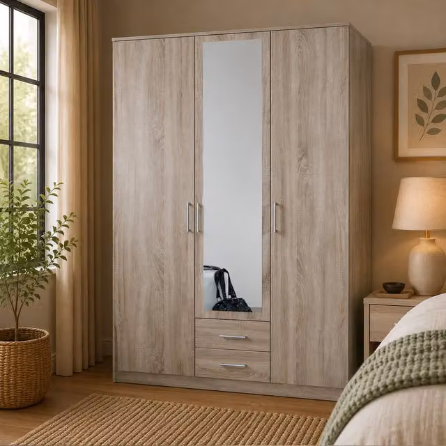 KDMD Osaka Oak 3 Door Wardrobe with Mirror and 2 Drawers in Brown, Width: 135 cm – 1