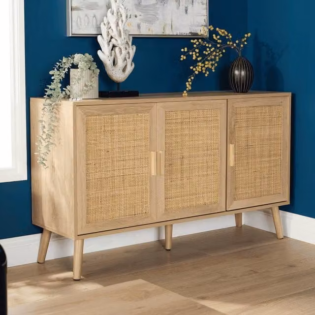 Home Source Sideboard with 3 Rattan Doors and Solid Wooden Legs in Sand – 1