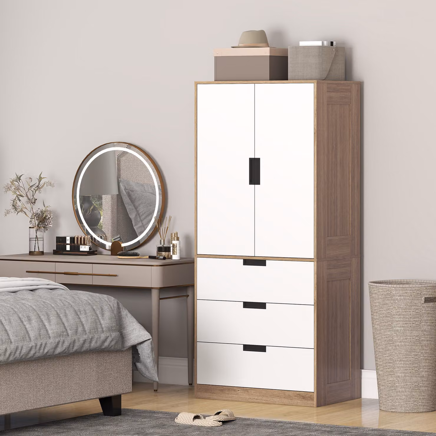 HOMCOM Modern 2 Door Wardrobe with 3 Internal Drawers and Hanging Rod, Brown – 2