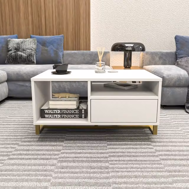 Decorotika Utopia Modern Rectangular Coffee Table in White and Gold