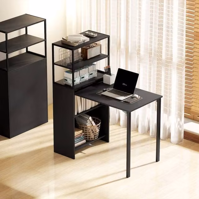 EONLION Black Foldable Office Desk with 4-Tier Shelves