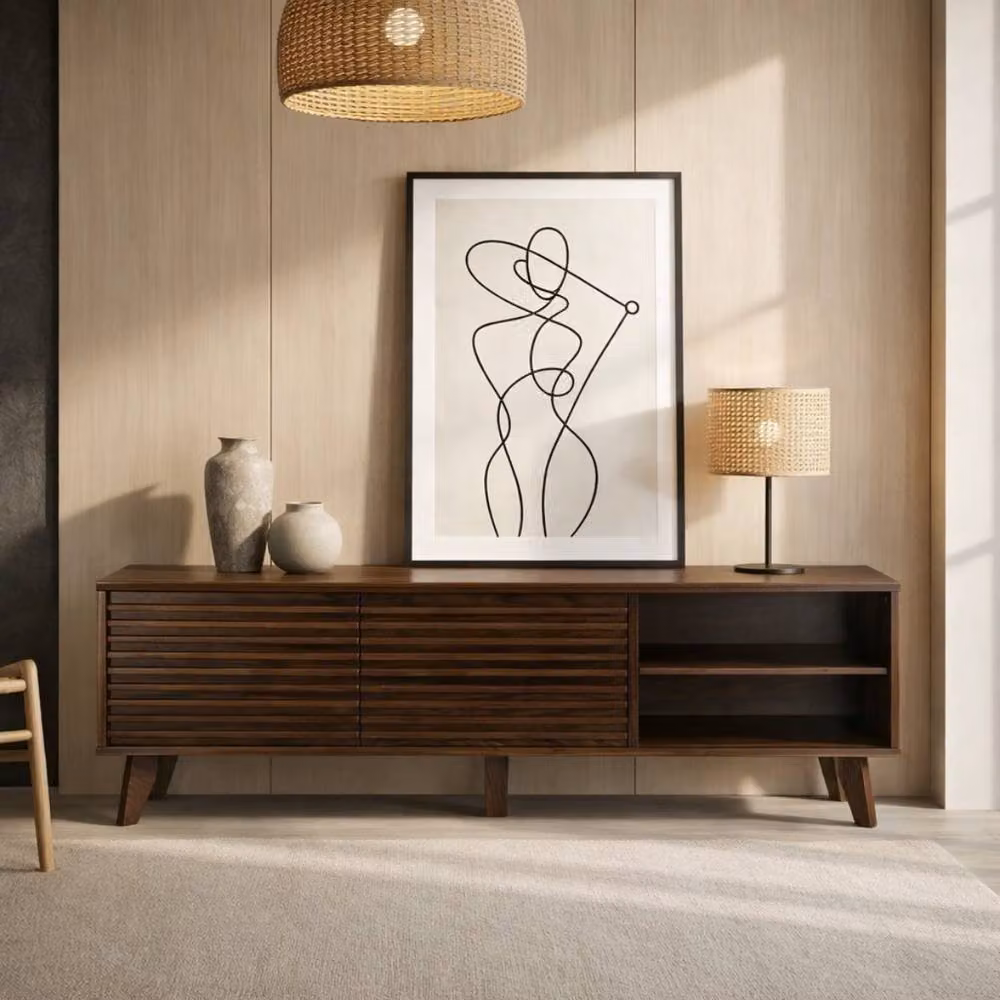 CALICOSY Modern TV Unit with Sliding Doors and Grooved Wood-Effect Fronts in Brown, W: 135 cm, D: 39 cm, H: 51.5 cm – 2