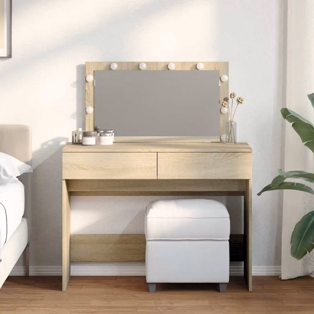 Berkfield Home Hollywood LED Dressing Table in Sonoma Oak and Light Tan, W/D/H: 100 x 40 x 120 cm – 2