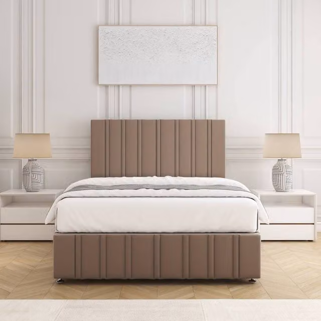 BSSPOKE Isabella Small Double Divan Bed Set with 24 inch Headboard and Mattress in Taupe Plush Velvet