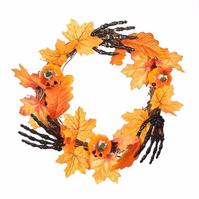 H&O Direct Orange Halloween Hand Pumpkin Hanging Wreath for Front Door Decor