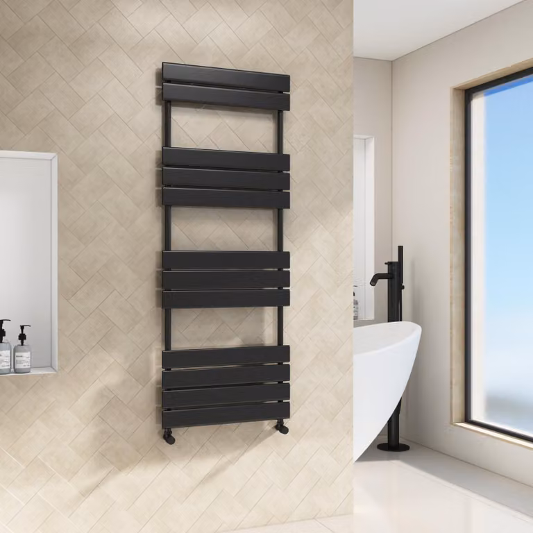 Majestic Matt Black Heated Towel Rail Straight Ladder, W: 45 cm, H: 120 cm