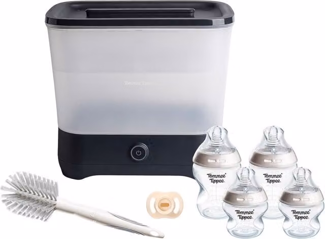 Tommee Tippee Black Electric Steam Bottle and Steriliser Set with Wide Neck Bottles and Silicone Components