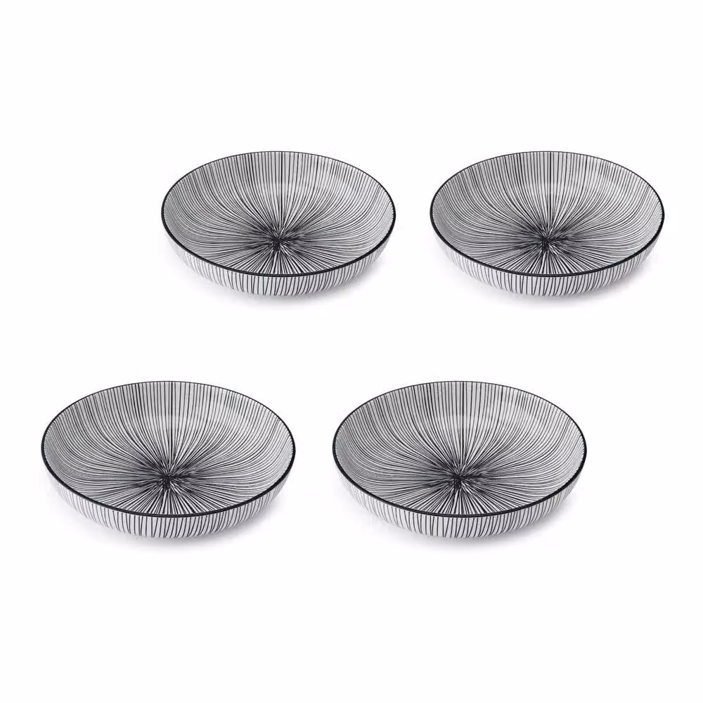 Mikasa Set of 4 Black Striped Round Stoneware Pasta Bowls, 900ml – 2