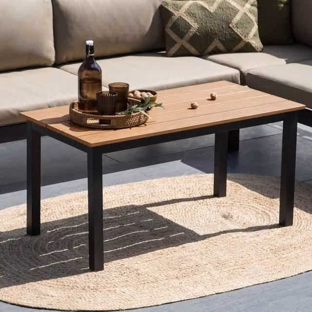 Wyld and Coco Outdoor Coffee Table with Brown Plastic Wood Top and Black Powder Coated Aluminium Frame, W/D/H: 96 x 52 x 50 cm