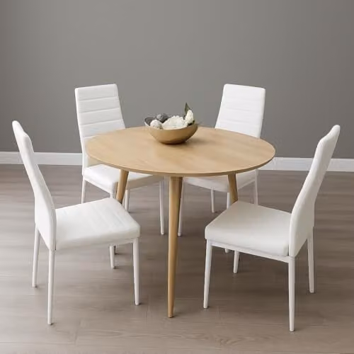 Kosy Koala Modern Round Oak Wood Dining Table and 4 White Faux Leather Chairs Set, W/D/H: 90 x 90 x 75 cm – 1