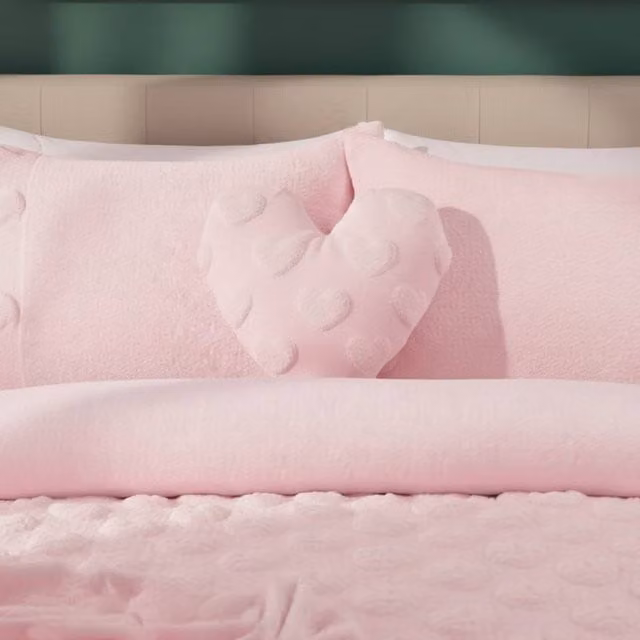 Snug City Heart Shaped Teddy Fleece Cushion in Pink