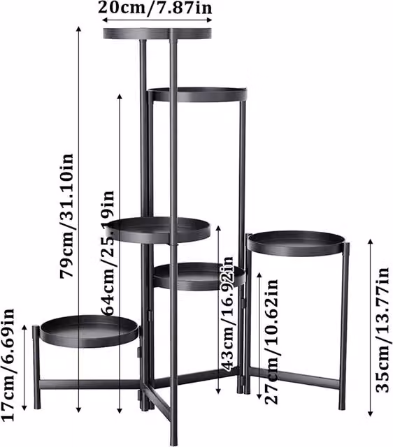Livingandhome Modern 6-Tier Foldable Metal Plant Stand in Matt Black, H 79 cm x W 20 cm