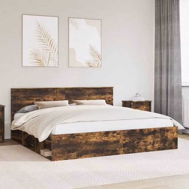 Berkfield Home Bed Frame in Smoked Oak and Brown Solid Pine Wood, 200 x 200 cm – 1