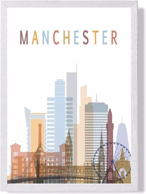 ARTZE Manchester Colourful City Skyline Framed Print in Pale Blue and Multicolour with White Frame