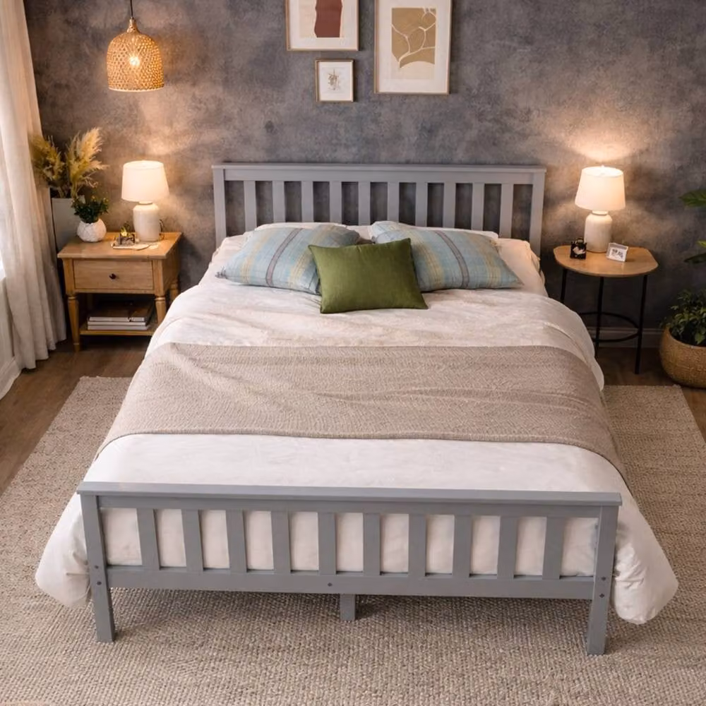 Aspire Langley Solid Wood Slatted Bed Frame in Grey or White, W/D/H: 140 x 200 cm – 2