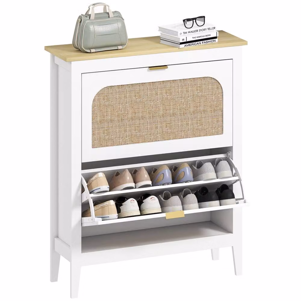 HOMCOM Boho Slim White Shoe Cabinet with Rattan Doors, Holds 14 Pairs – 2