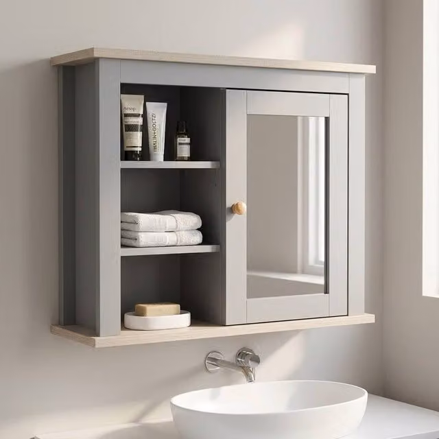 STILVORA Grey Wall Mounted Bathroom Mirror Cabinet with Internal Shelves and Hinged Doors – 1