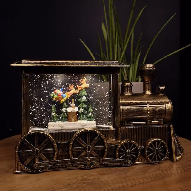 Samuel Alexander Gold and Bronze Christmas Train Water Spinner with Santa Scene and LED Lights, 29 cm