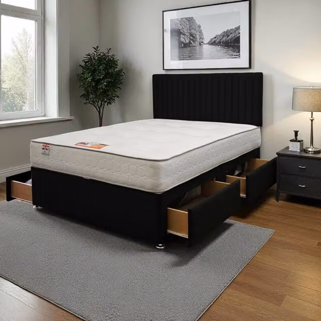 Knight Sleep Emily Plush Bed Set with Mattress, 4 Drawers and 24 inch Headboard, Black/Grey, W/D/H: 200 x 200 cm