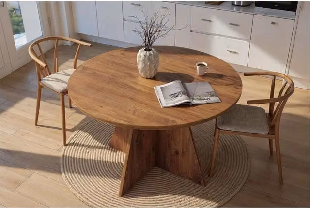 Decortie Virella Round Dining Table in Rustic Oak Effect Brown, Diameter: 120 cm, Height: 75 cm
