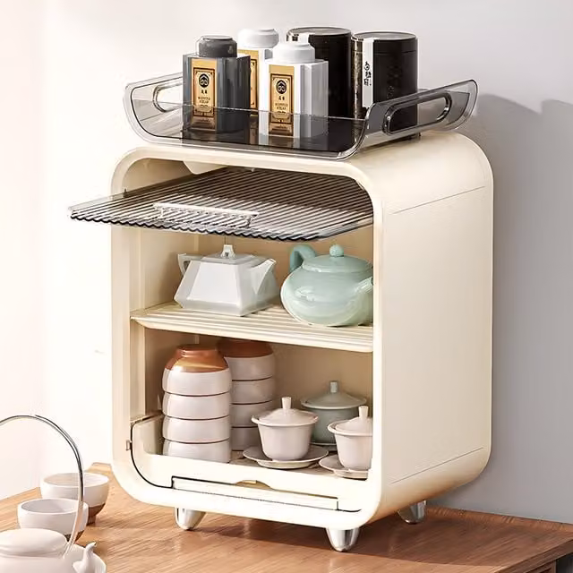 Komore Rectangular Kitchen Dish Storage and Drying Rack in White and Transparent Plastic