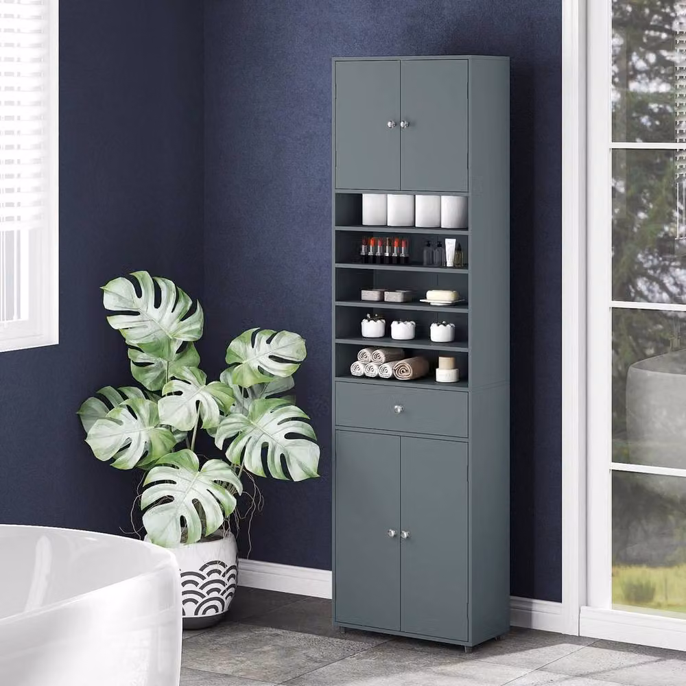 VOGREX Grey Modern Matt Freestanding Bathroom Linen Cabinet with Hinged Doors and Internal Shelves, Height: 180 cm – 4
