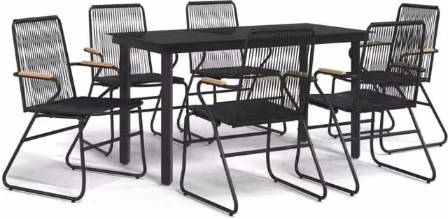 Berkfield Home 7 Piece Modern Garden Dining Set in Black PVC Rattan with Metal and Glass Details