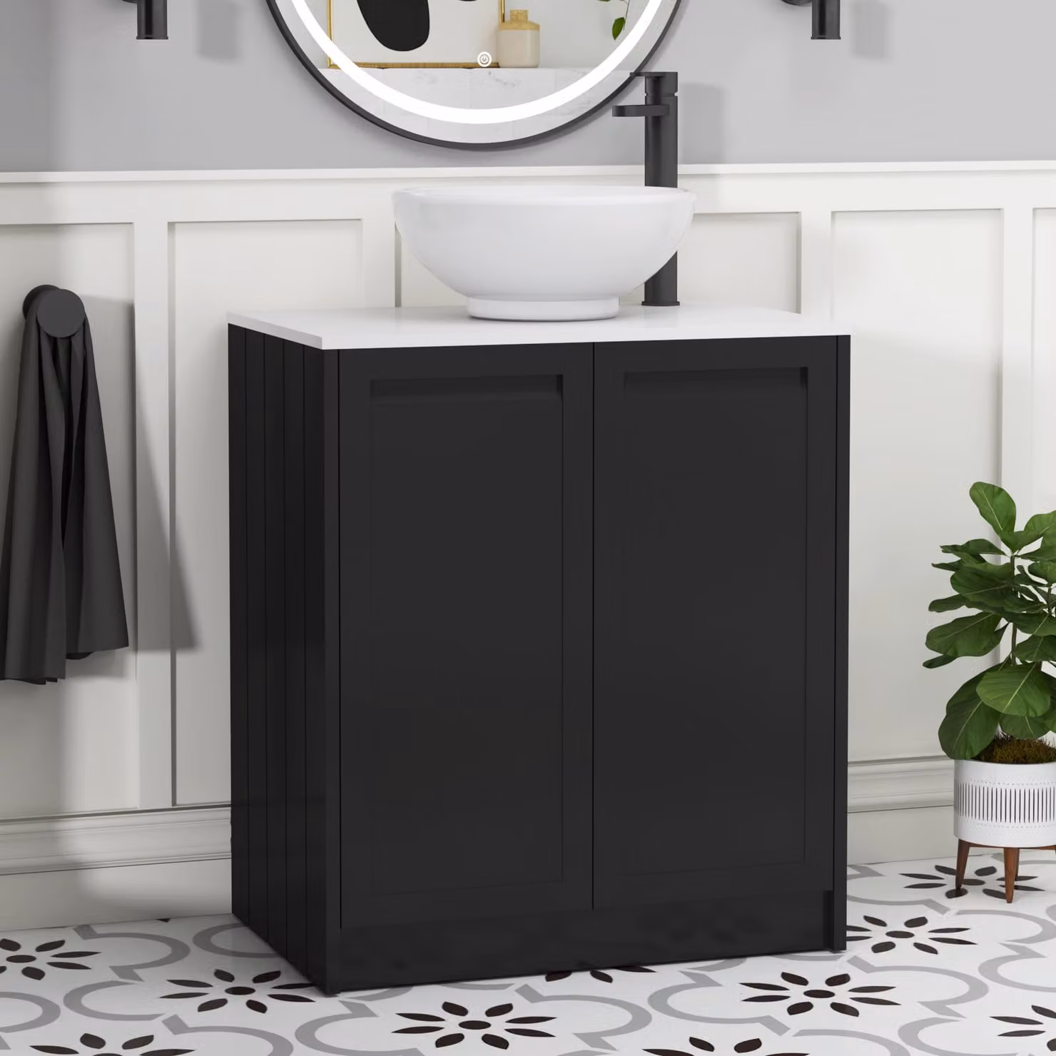 Royal Bathrooms Elmore 700mm Floor Standing 2 Door Vanity Unit in Matt Nocturne Black with Plain White Worktop and Breeze Basin