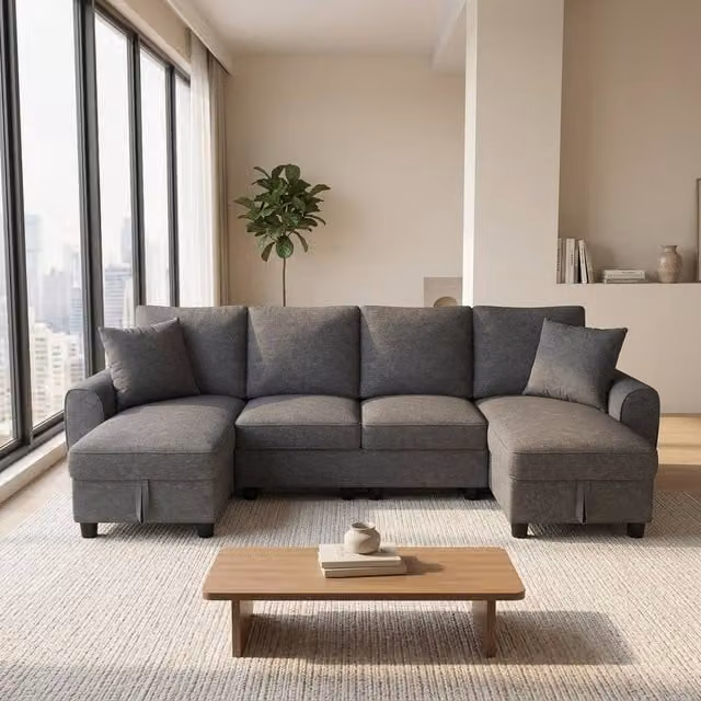 STILVORA U-Shaped Sofa with Storage Chaise Lounge in Grey Fabric