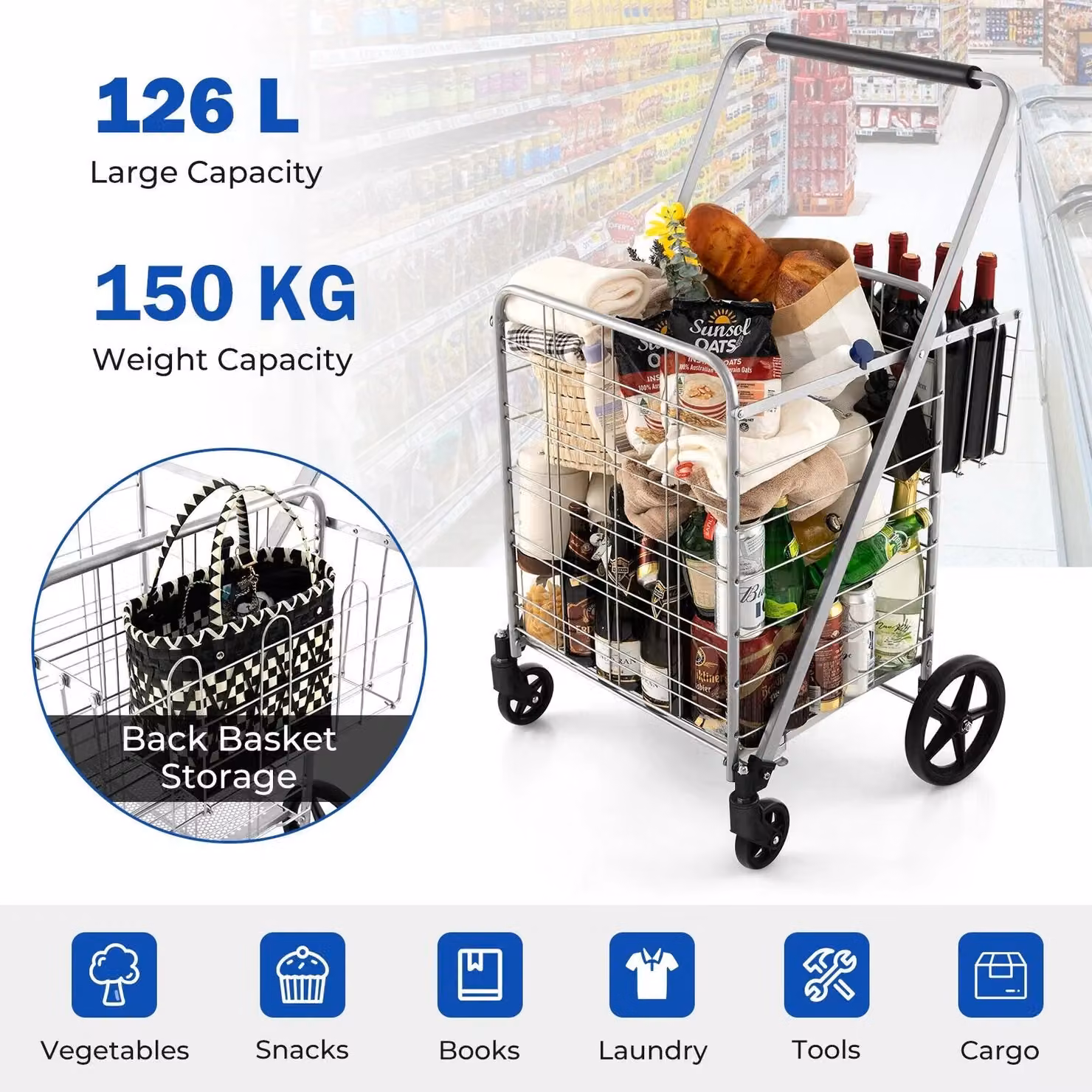 Costway Folding Shopping Cart, Portable Utility Grocery Cart with 126L Capacity and 150kg Load, Black – 4